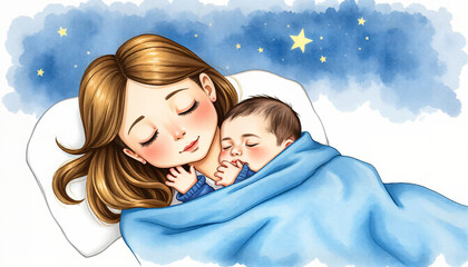Mother and Baby Sleeping: Tender illustration of a mother and her baby peacefully sleeping together under a starry night sky.