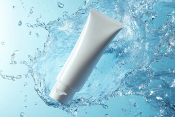 A floating blank cosmetic tube mockup with water splashes around, dynamic motion, high-resolution...