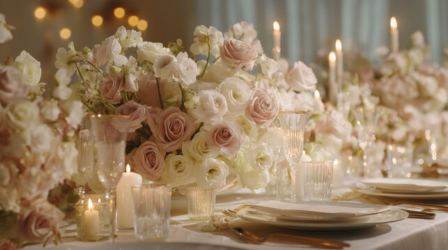 Elegant wedding table with floral centerpiece and fine china, radiating timeless romance and sophistication