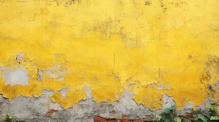 Weathered Yellow Wall Texture Grunge Background with Flaking Paint and Brick