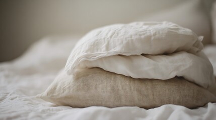 Obraz premium A serene stack of pillows, evoking comfort and relaxation for peaceful sleep