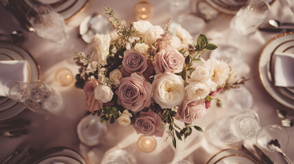 Elegant wedding table with floral centerpiece and fine china, radiating timeless romance and sophistication