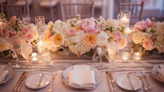 Elegant wedding table with floral centerpiece and fine china, radiating timeless romance and sophistication