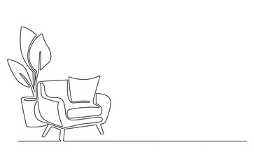 Continuous one line drawing of Armchair and potted plant. Single line drawing illustration of Sofa and Vase with plant. Stylish furniture concept vector art. Doodle line illustration.