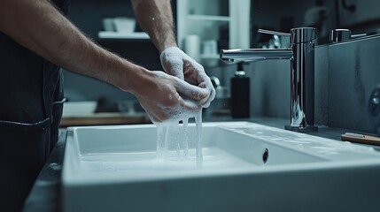 Person Washing Hands with Soap in a Modern Sink