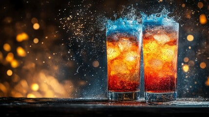 Refreshing Iced Drinks with Splashing Water in Highball Glasses