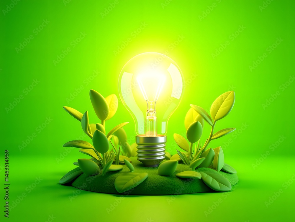 Poster 緑の背景に囲まれた植物に囲まれた明るい輝く電球は持続可能性と環境意識を象徴しています