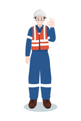 Industrial worker or engineer in safety vest and hard hat making okay gesture. Safety and approval concept. Vector illustration isolated on white background.