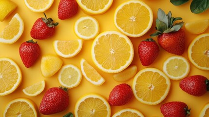 Vibrant Citrus and Strawberry Flat Lay A Summer Fruit Delight