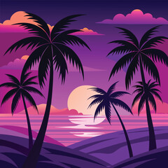 Tropical palm trees silhouette against a vibrant sunset over the ocean beach