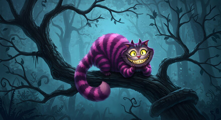 Cheshire Cat in Enigmatic Forest - Digital Fantasy Illustration