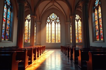Fototapeta premium A serene church interior, sunlight streaming through stained-glass windows , hope, symbol, god