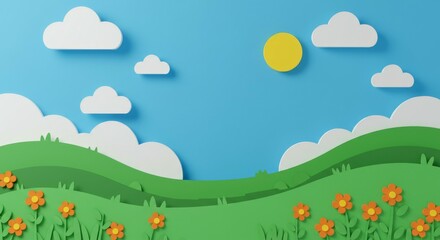 Cartoon Landscape with Green Hills, Flowers and Clouds Paper Cut Style