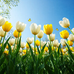 Obraz premium field of yellow tulips against blue sky