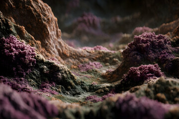 Close-up view of a textured, alien landscape.