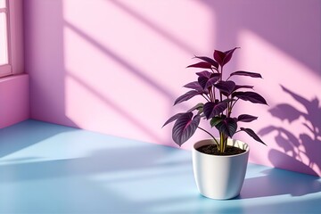 Purple Waffle Plant in White Pot: Aesthetic Room Decor with Pink Wall, Blue Floor & Sunlight Shadows - Indoor Plant Photography