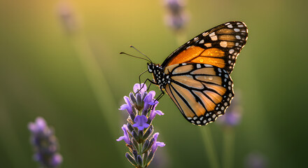 Fototapeta premium Butterfly perched on lavender flower with detailed wing patterns in sunlight