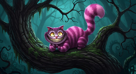 Cheshire Cat in Enigmatic Forest: Digital Fantasy Illustration
