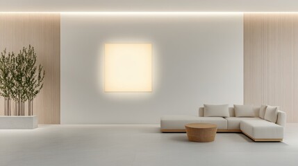 Modern minimalist living room interior design beige sectional sofa wooden coffee table