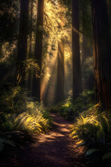 Fototapeta premium Enchantment of Morning Light: Sunbeams Breathing Life into a Serene Forest Sanctuary