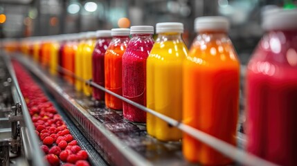 Juice Bottles Moving on Conveyor Belt in Factory Production Line Eye Level Shot