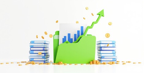 Green folder with bar chart and arrow, surrounded by books and floating coins, on white background, concept of financial education and investment. Ai generative