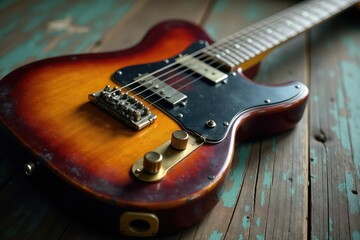 Close-up of a worn, vintage guitar with blues scales visible on the fretboard, resting on a weathered wooden surface , harmony, musical