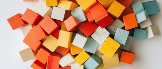 Obraz premium Colorful Wooden Building Blocks Scattered on White Surface Overhead Still Life Playful Learning Toys Education