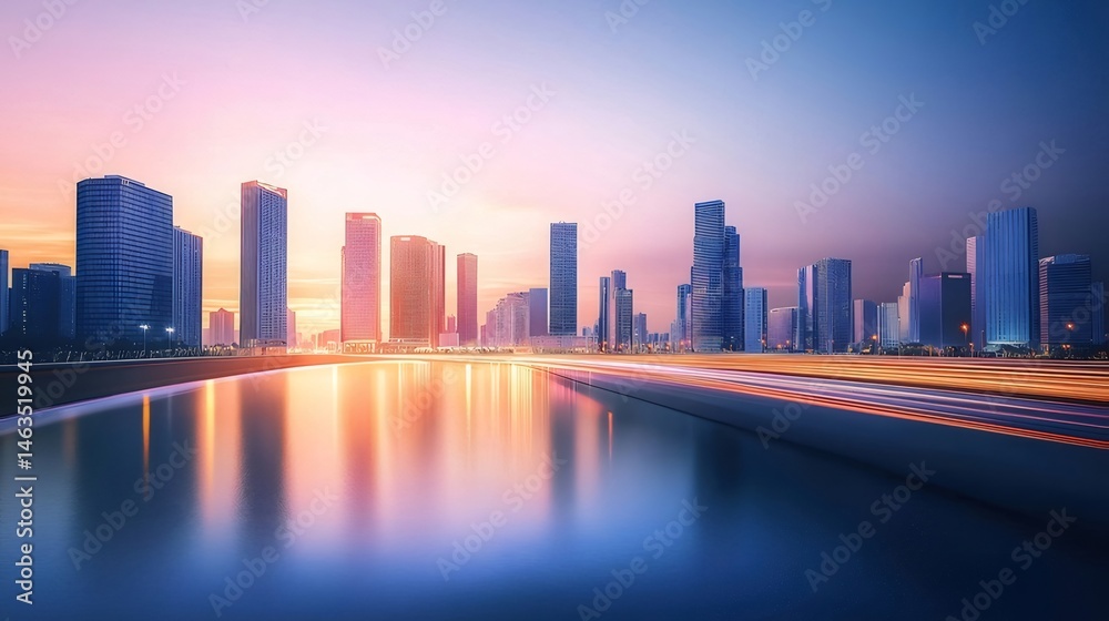 Poster オレンジと青の夕暮れの空に照らされた川沿いの近代的な都市の高層ビルの街並み
