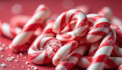 Close-up of peppermint candy canes, stripes, red and white, festive, sweet treat , christmas, background, sugar candy