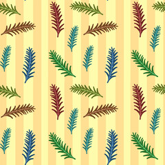 Seamless Floral Pattern with Leaves Flowers on Stripe Background