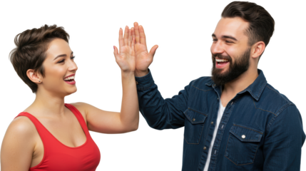 Happy young man and woman giving high five celebrating success together