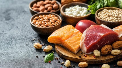 Fototapeta premium Healthy Balanced Diet Protein, Grains, and Nuts for a Nutritious Lifestyle