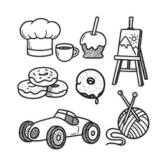 Hand Drawn Hobby and Leisure Activities Icon Collection in Black and White