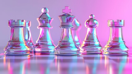 Iridescent Glass Chess Pieces on a Reflective Board under Neon Light