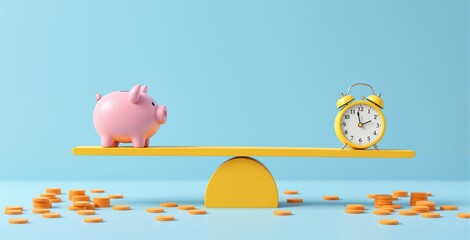 Pink piggy bank and yellow clock balanced on yellow seesaw with scattered coins, minimal style on blue background. Concept of time versus money. Ai generative