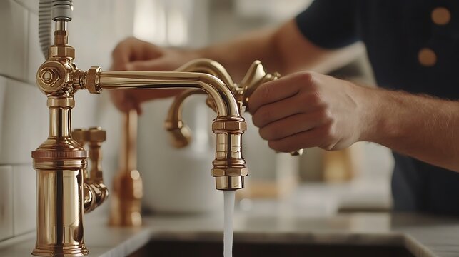Person Adjusting a Brass Faucet in a Kitchen