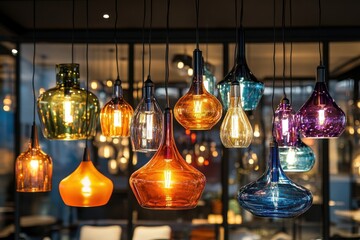 Obraz premium A vibrant mix of pendant lights glowing in a softly lit interior space