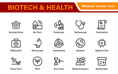 Biotech and Health Tech Icon Pack &ndash; Clean, Minimalist Line Vector Illustrations for Healthcare, Science, Lab Research, Pharma.