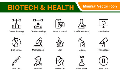 Biotech and Health Tech Icon Pack – Clean, Minimalist Line Vector Illustrations for Healthcare, Science, Lab Research, Pharma.