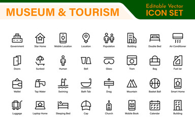 Museum and Tourism outline modern icon set. editable line icon illustration.