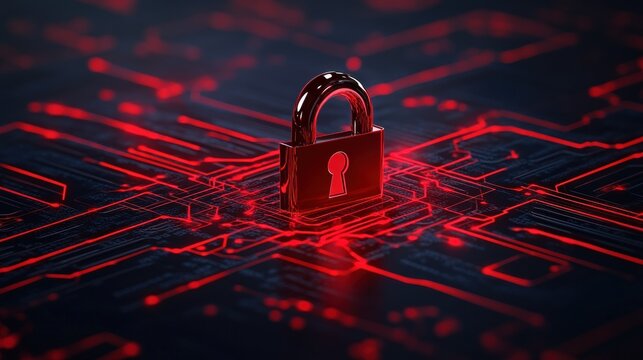 Cyber security red padlock on glowing circuit board technology concept