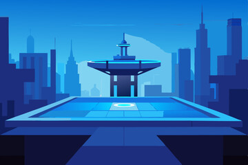 rooftop helipad in a futuristic city  bathed 