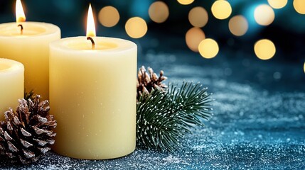 Three ivory candles burning brightly, adorned with pine cones and a snowy evergreen sprig on a dark blue textured background. Warm, inviting, and