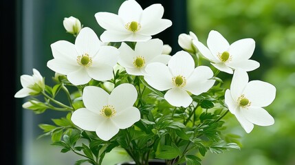 Fototapeta premium Close up view of a bouquet of delicate white flowers with yellow centers, glistening with water droplets, set against a blurred green background. The