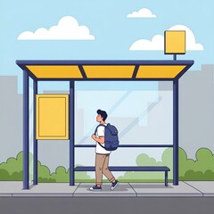 Young Man with Backpack Walking to Bus Stop on Sunny Day