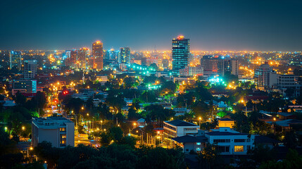 Obraz premium Night Cityscape: Illuminated Skyline and Urban Panorama