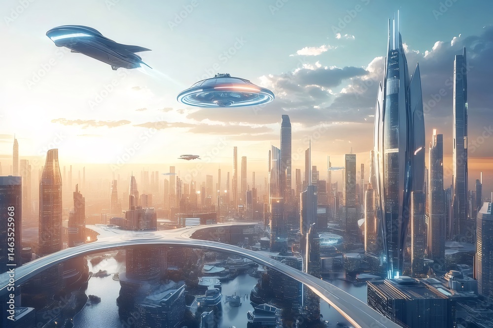 Poster 未来的な都市のスカイラインと飛行機が飛ぶ、現代的な建築と青い空の風景