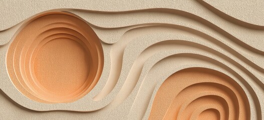 Abstract layered design featuring concentric circles and undulating forms in muted tones
