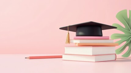 Aesthetic graduation cap on books with pencil on pastel background setup